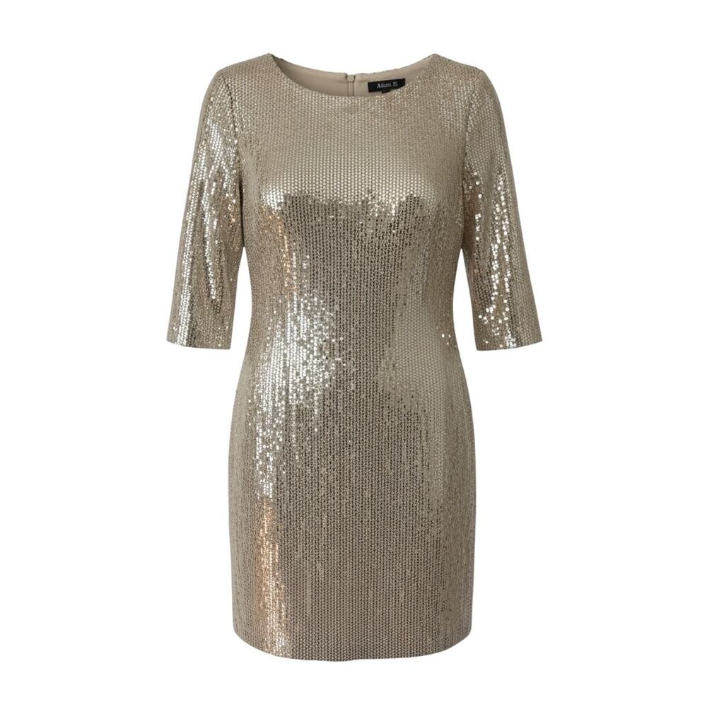 Alexa B Nites Gold Sequin Shift Sheath Dress 3/4 Sleeve Holiday Party Cocktail 4